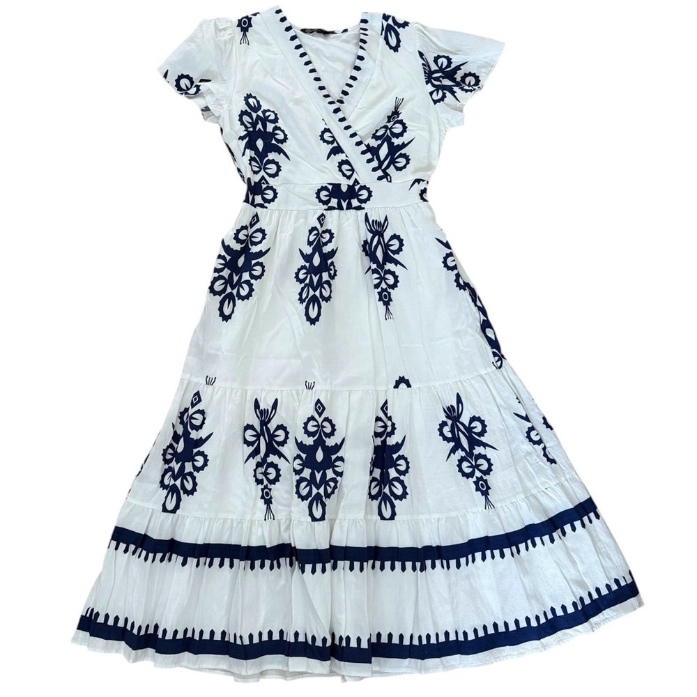 Navy White Midi Dress Boho Floral Pockets Small Cottagecore Vacation Resort Wear